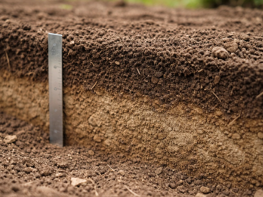 Close-up soil cross-section showing loose dark top layer and lighter compact subsoil beneath.