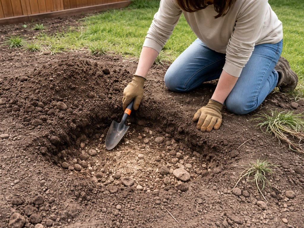 Homeowner kneeling in a yard digging and hitting hard compact soil just below a few inches.