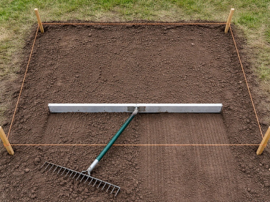 Top-down view of a lawn being leveled with grade stakes, marked string lines, and a rake smoothing soil.