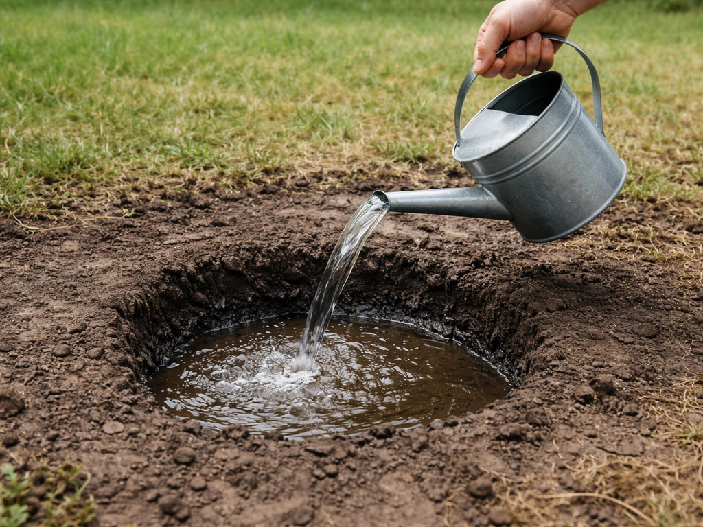 Water poured into a shallow soil test hole with slow absorption, muddy ground suggesting poor drainage.