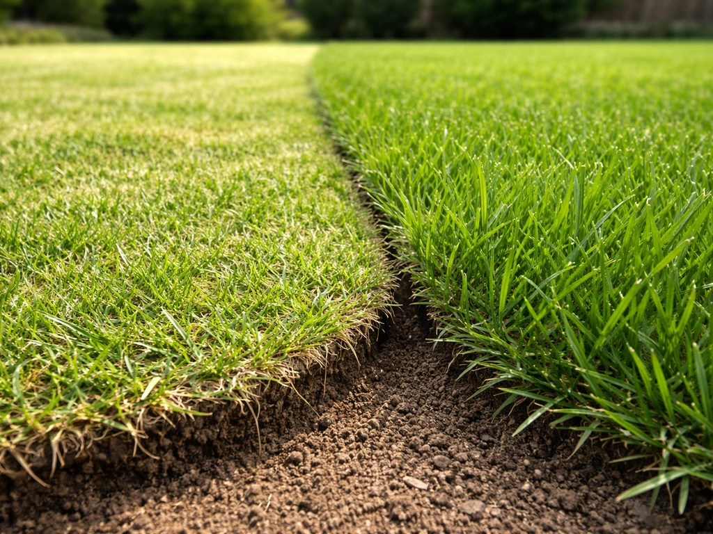 Close-up of neighboring lawn strips: short grass with exposed soil vs slightly taller grass with richer coverage.