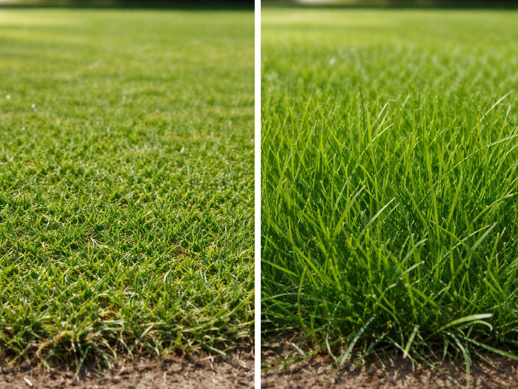 Split view of two simple turfgrass strips showing shorter grass removed leaf area versus taller grass retaining leaves.