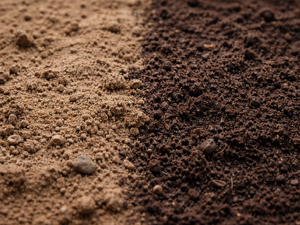 Close ground-level view comparing dry sandy soil vs darker amended soil with a moister root zone.