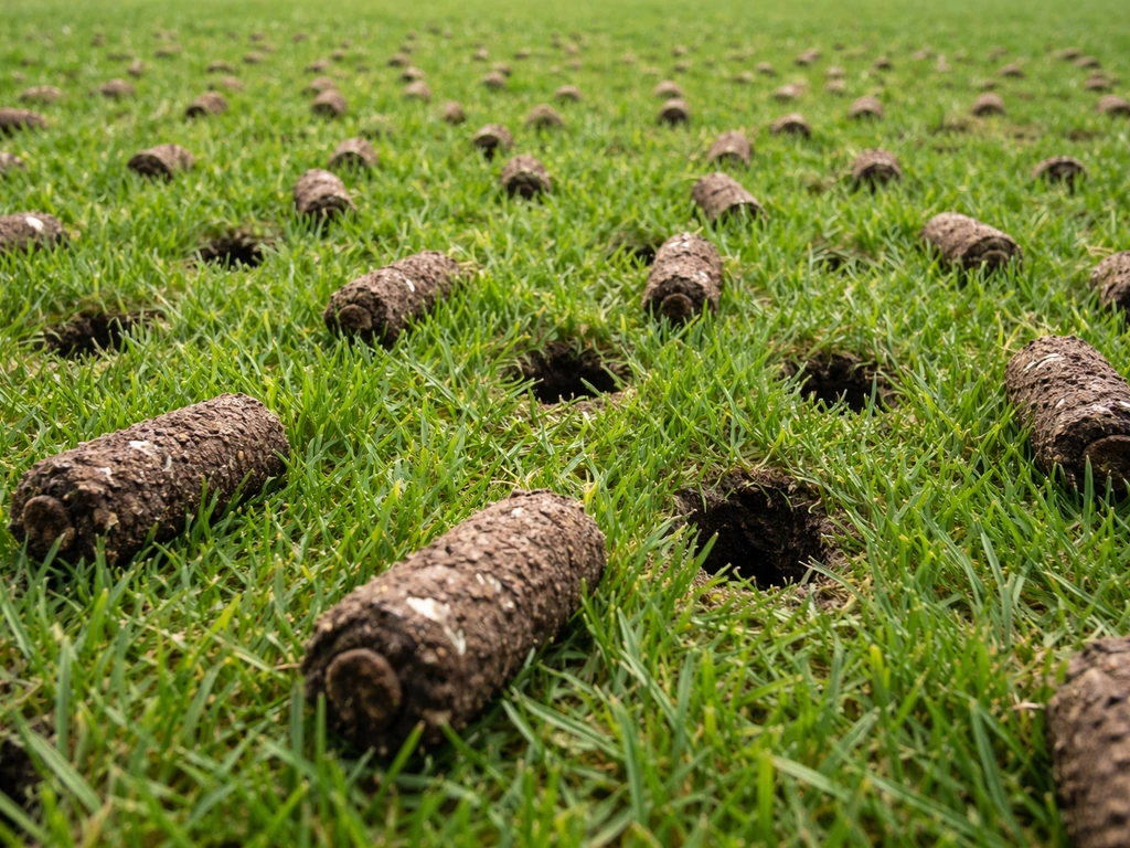 Close-up of a lawn after core aeration showing soil-plug holes and loosened root-zone soil.
