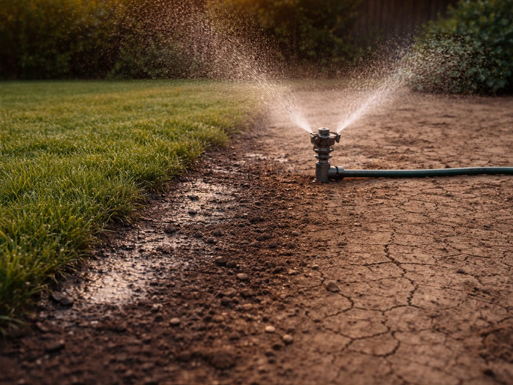 Garden sprinkler watering at dusk with a dry, cracked surface a few hours later in the same frame