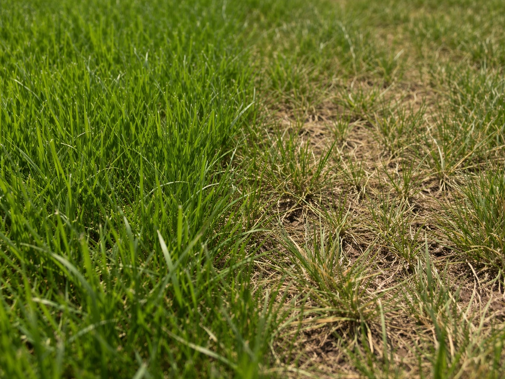 Sunlit lawn close-up with lush green grass beside a nearby stressed, browning patch