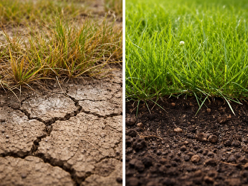 Split view of browning grass on dry, salt-crusted soil versus healthy green grass in moist soil.