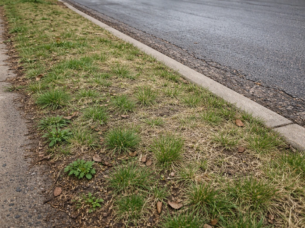 Roadside grass shows fewer weeds but thinning, patchy turf near salted pavement after winter runoff.