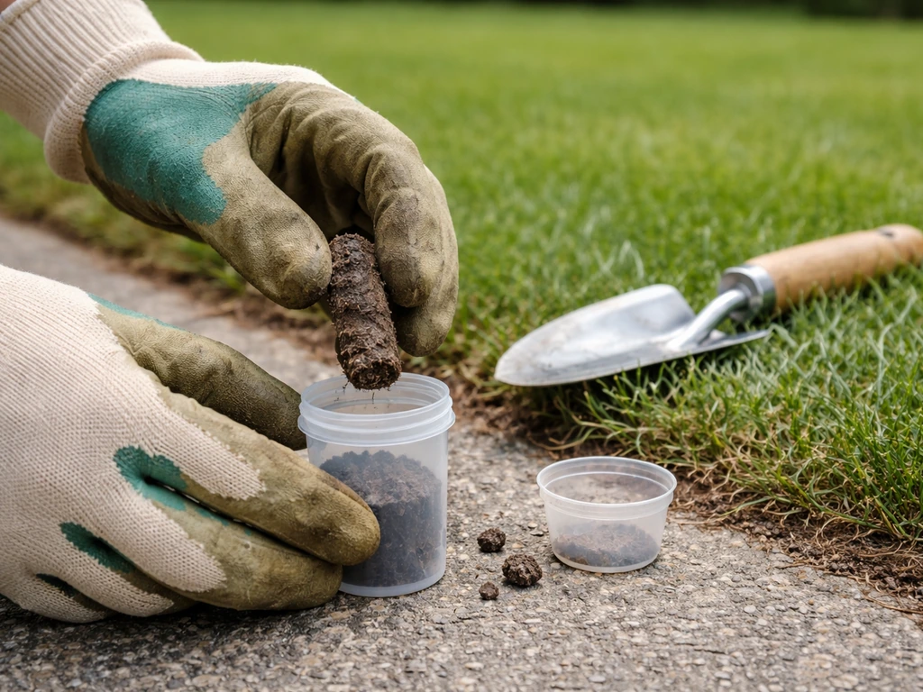 Hands using a soil test kit and soil core sample on a lawn, ready for lab testing.