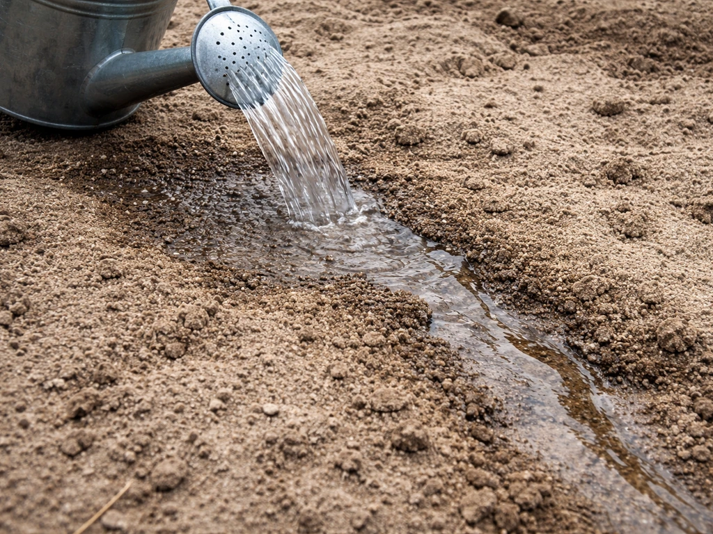 Watering can slowly pours clean water onto salt-affected soil to leach salts downward.