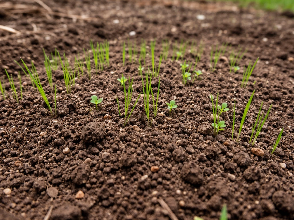 Freshly prepared soil bed with lush green grass sprouts and visible dirt texture