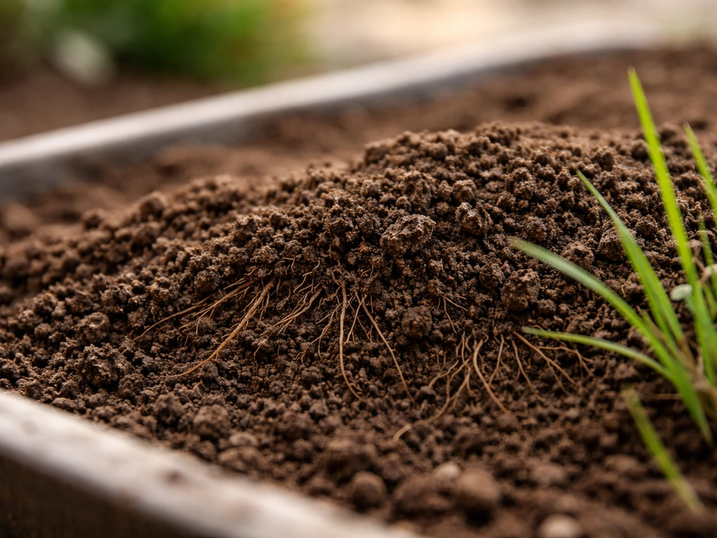 Crumbly workable soil with visible pore-like texture and fine grass roots in an outdoor root zone.