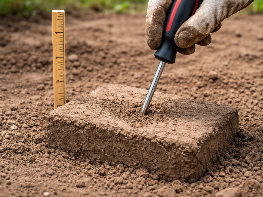 Hand pushing a screwdriver into a compacted soil block, showing shallow insertion depth.
