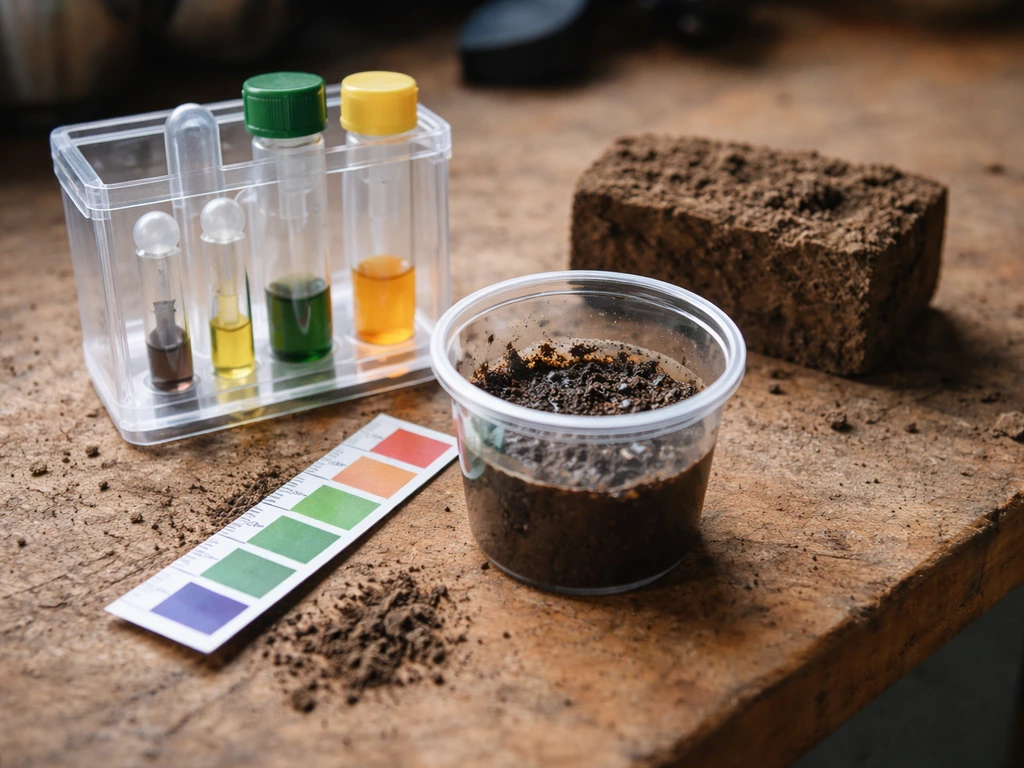 Close-up of a home soil pH test kit beside dark soil mixture and a color comparison strip.