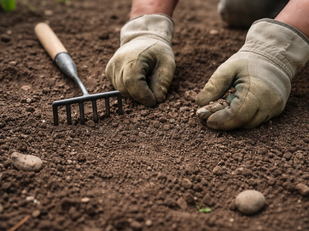 Gloved hands rake and remove small rocks from a loosened dirt seedbed for seeding or sodding.