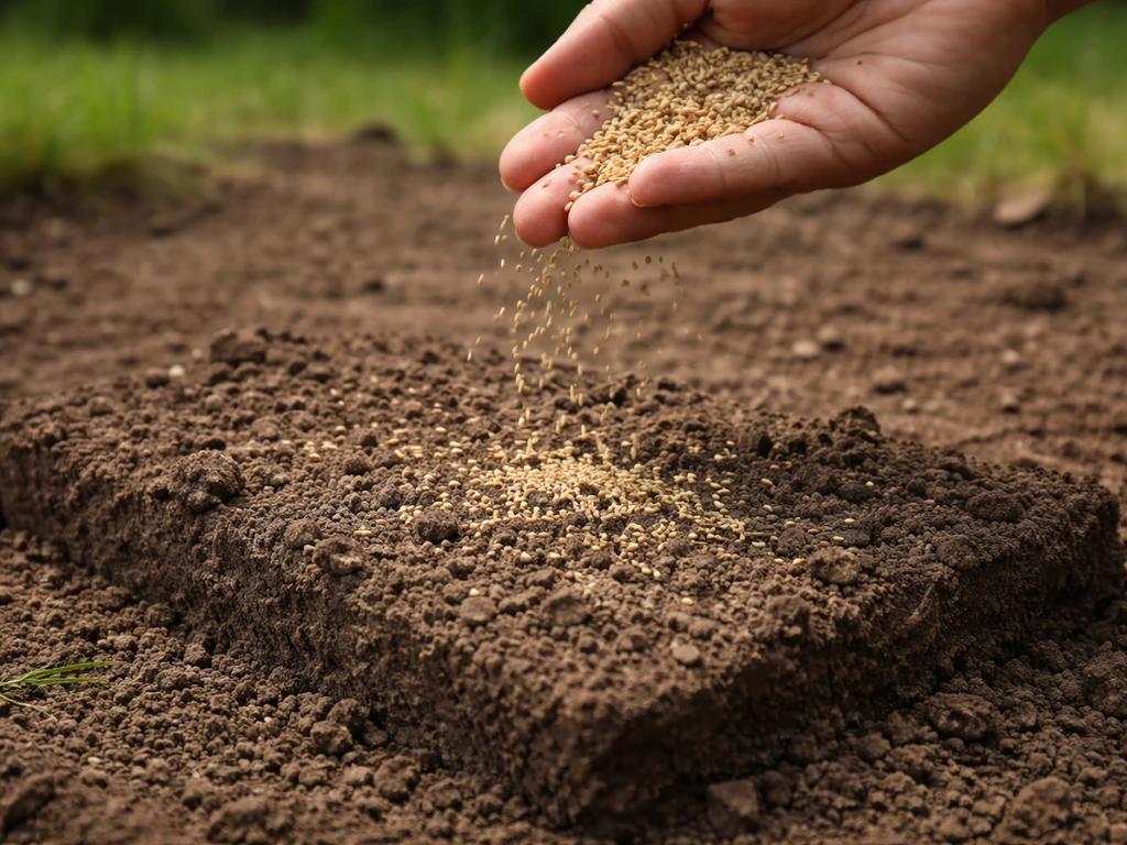 Hand spreading grass seed over freshly prepared soil on a dirt block, close-up showing seed contacting earth