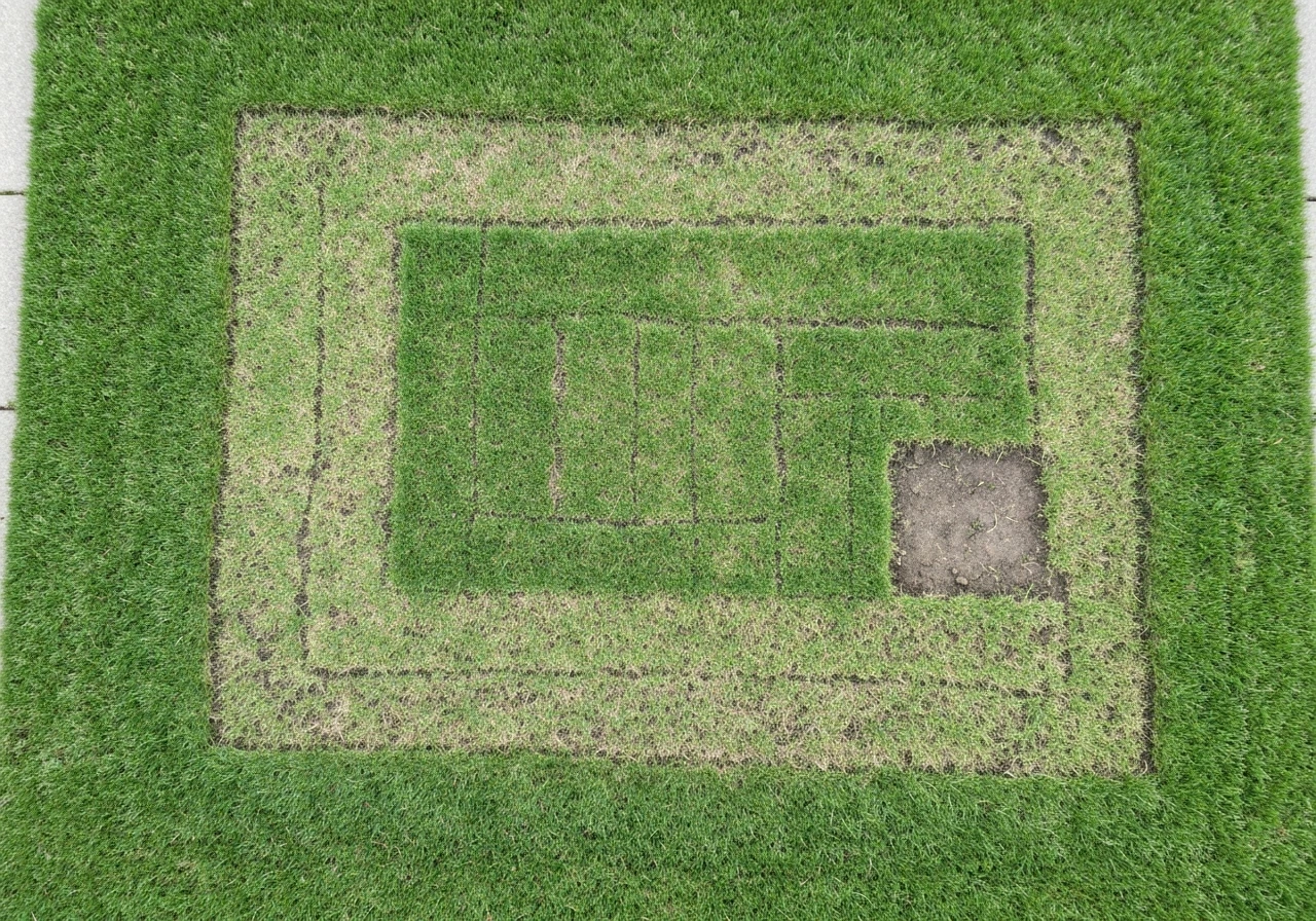 Top-down view of a patchy suburban lawn with uneven green growth in distinct zones