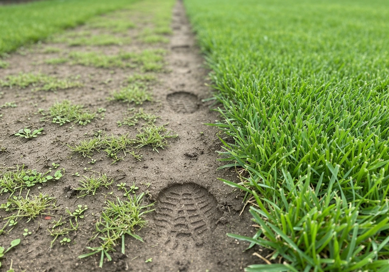 Close-up of uneven lawn showing a sparse bare weed patch beside thick healthy green grass.