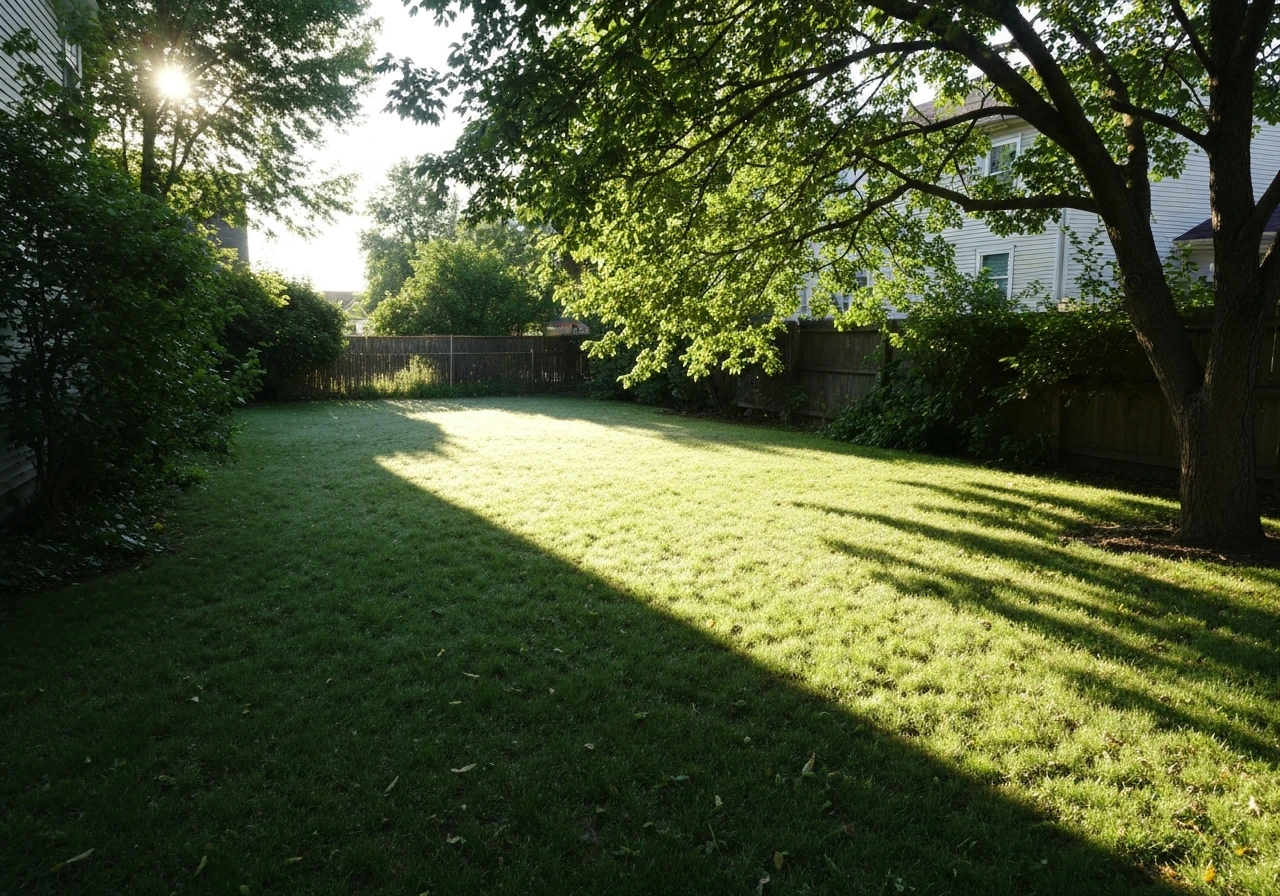 Midday yard showing bright sun patches and dappled shade under trees across the lawn.