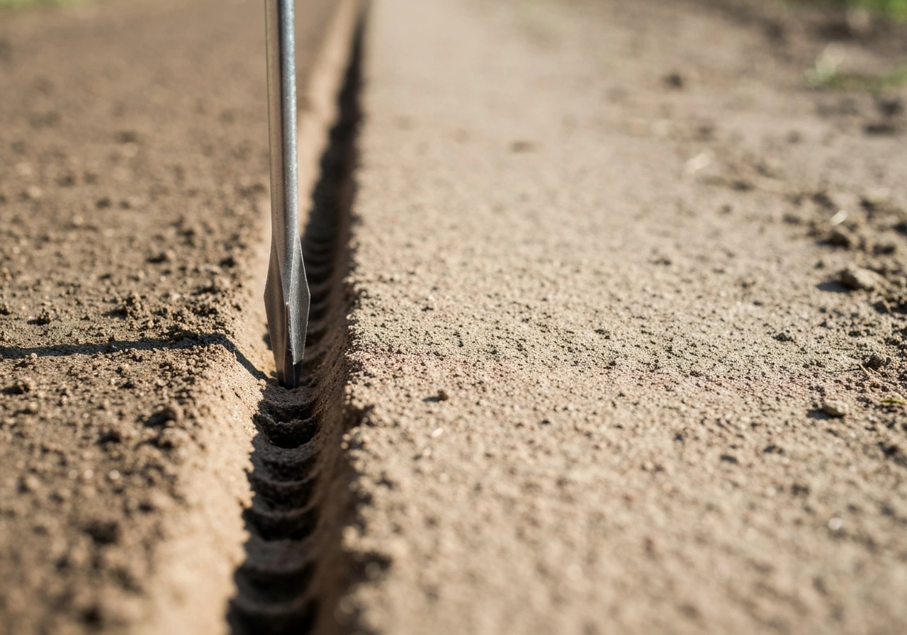 Screwdriver tip probes soil in two adjacent areas showing resistance difference at surface and depth