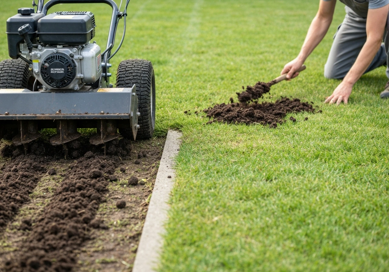 Lawn core aerator pulling soil plugs while fresh compost topdressing is spread over the grass