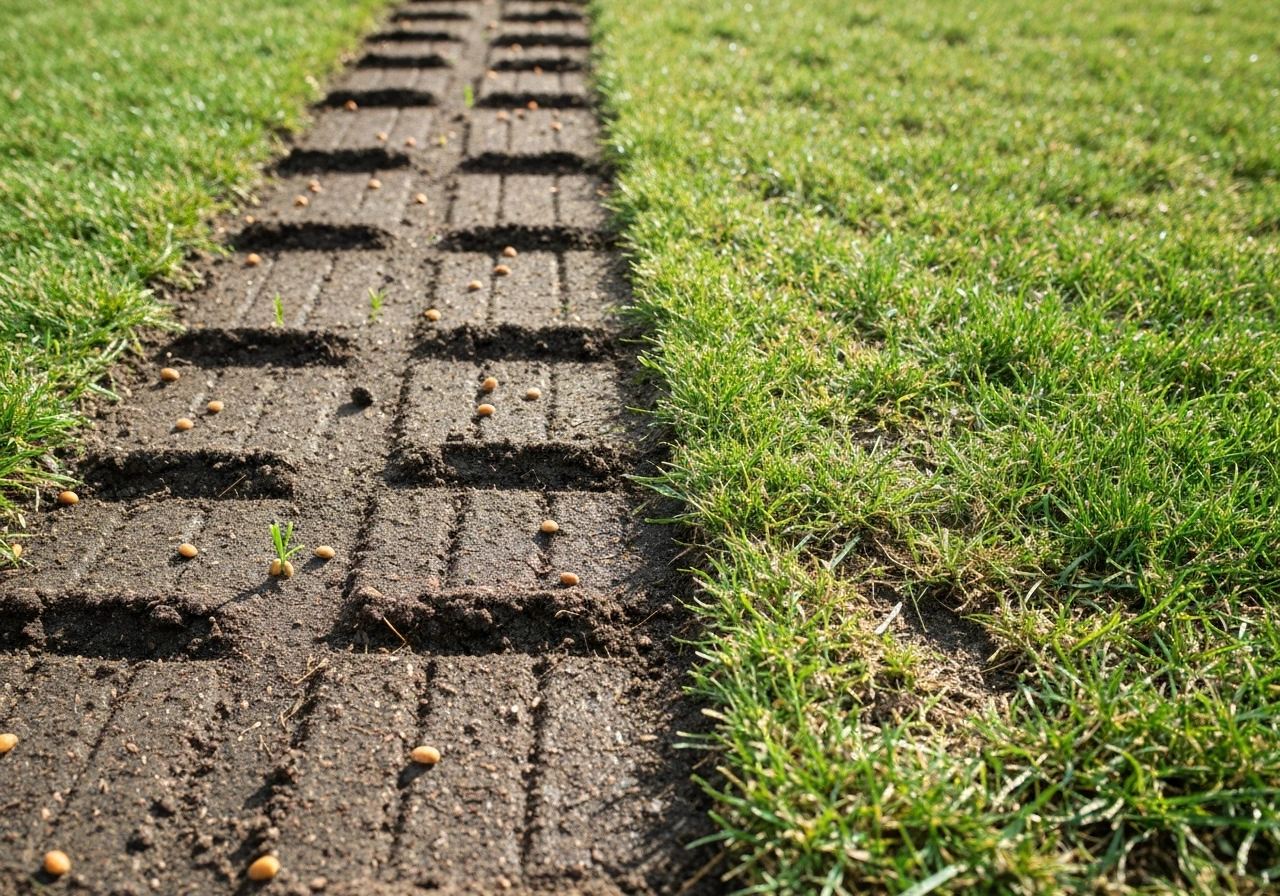 Close-up of patchy lawn with lightly scratched soil patches and scattered new grass seed beside older grass.
