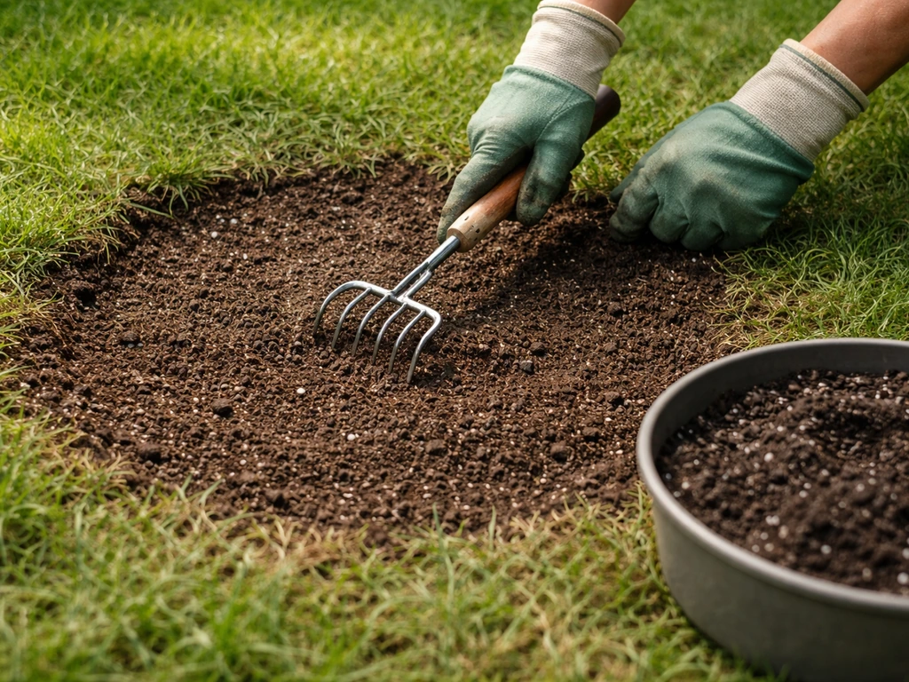 Gloved hands rake a bare lawn patch, then spread and level a thin layer of potting mix.