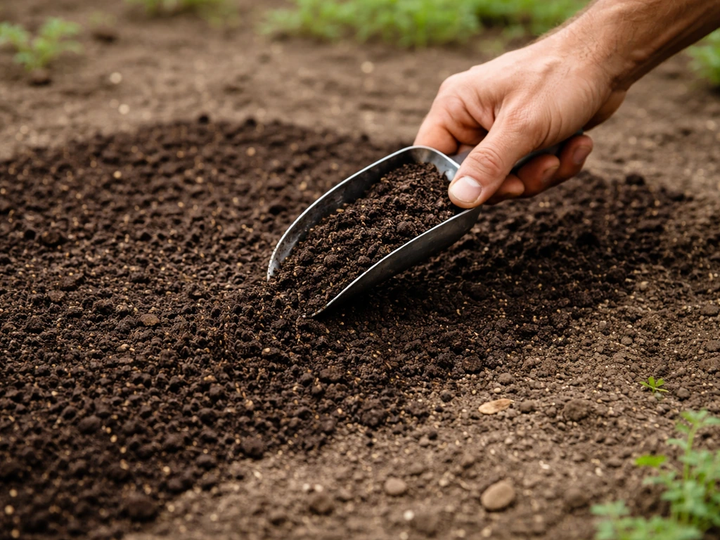 Screened finished compost being spread over grass seed on bare soil, showing fine turf-safe texture
