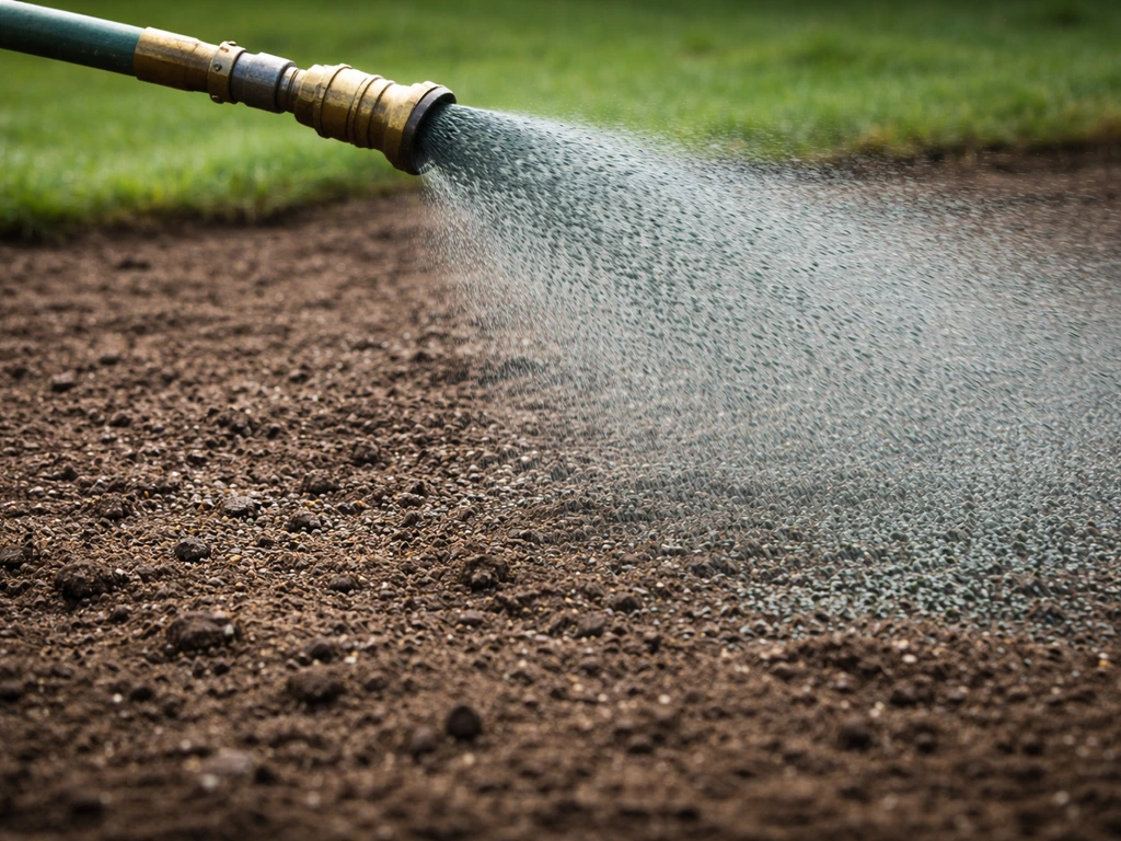 Close view of a hydroseeding spray nozzle misting slurry over seeded soil in a prepared lawn patch