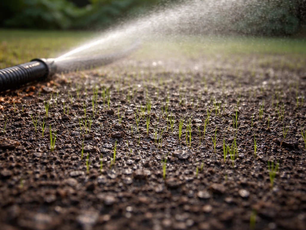 Freshly seeded soil being lightly watered with small grass seedlings just starting to emerge.