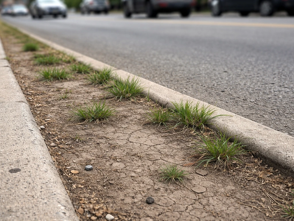 Cracked, patchy grass along a curb beside a busy road with blurred cars passing