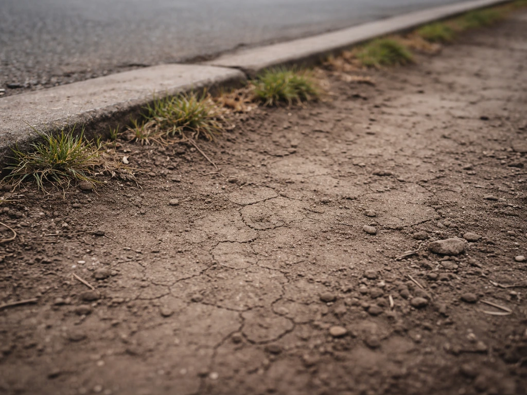 Close-up of a compacted street verge soil surface with a worn strip showing grass failure.