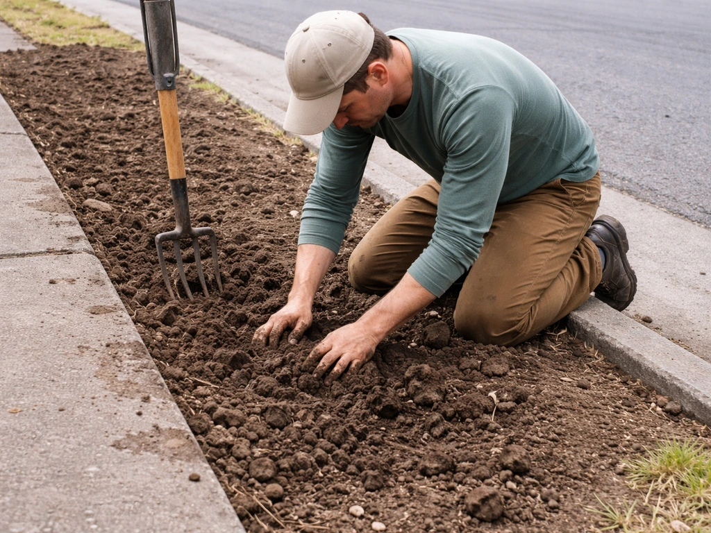 Home gardener using a digging fork to loosen compacted soil in a bare curb strip before planting