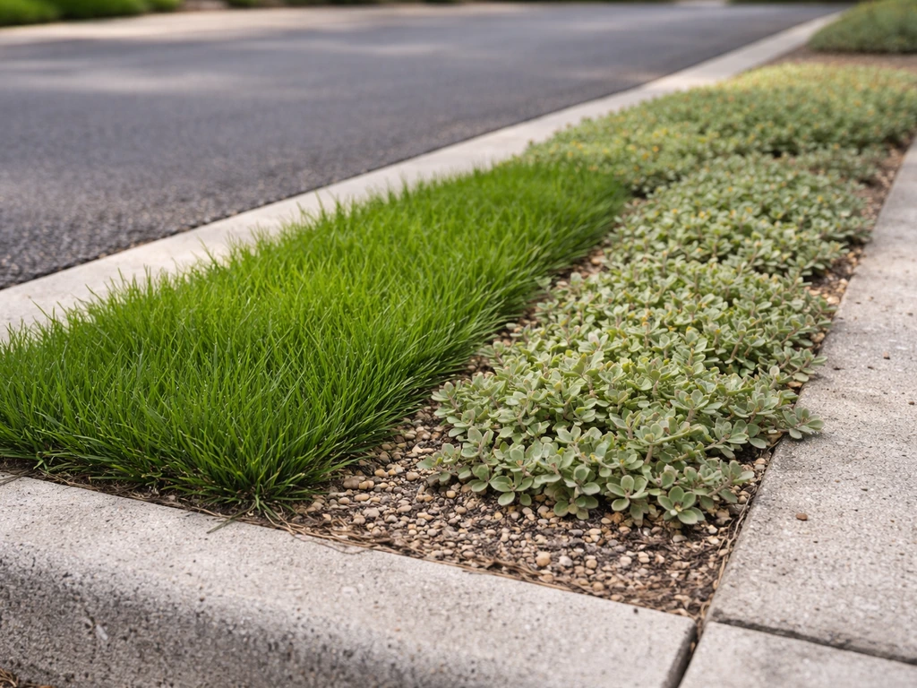 Heat- and salt-tolerant groundcovers and turf in a curb strip beside a quiet street.