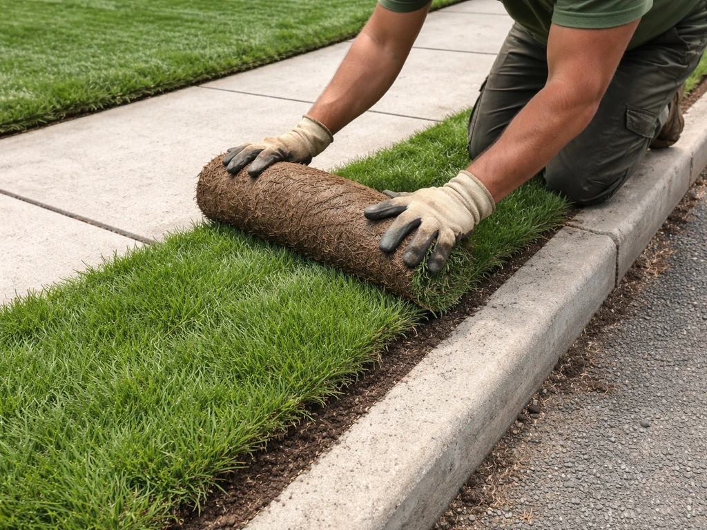 Worker rolling and fitting sod along a curb strip edge on a residential lawn