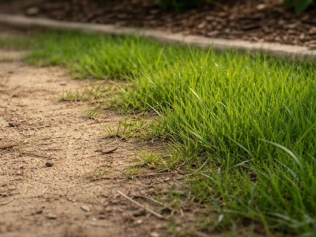 Lush green grass naturally established along a yard edge, transitioning from dry soil to healthy turf.