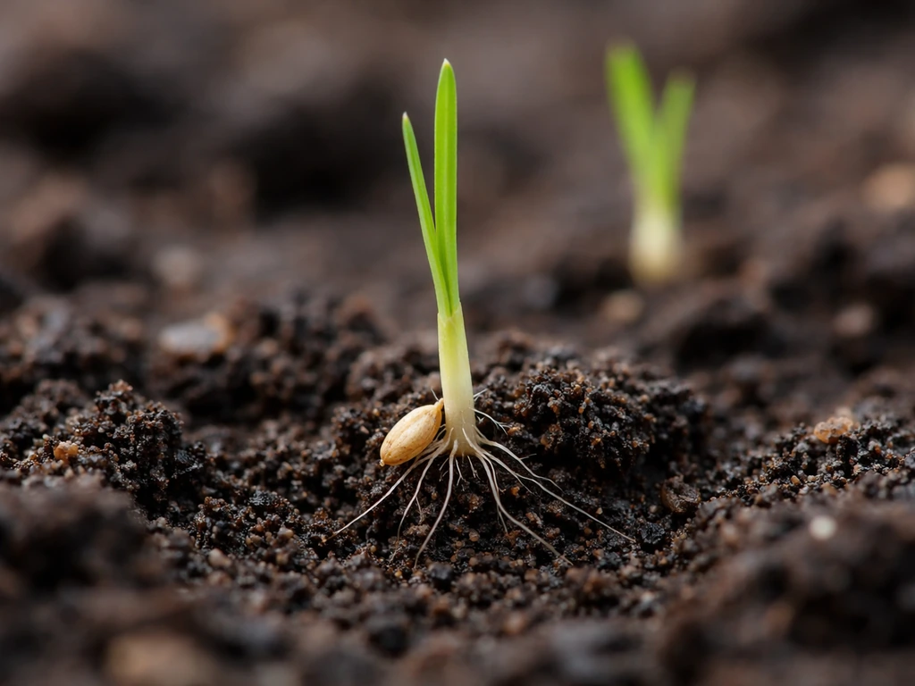 Close-up of fresh grass seedlings emerging from soil with visible roots and seed-to-soil contact