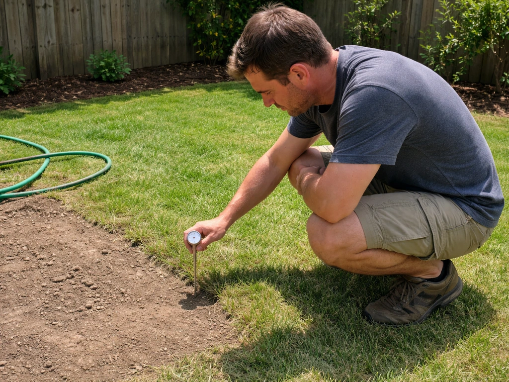 Homeowner crouched in backyard checking lawn conditions with a soil thermometer in sunny light.