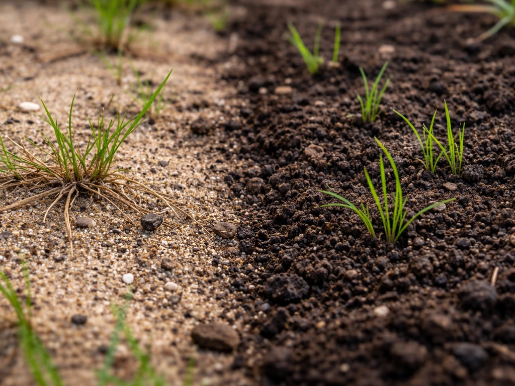 Close-up of gritty sandy soil with sparse roots next to darker amended soil with healthier seedlings.