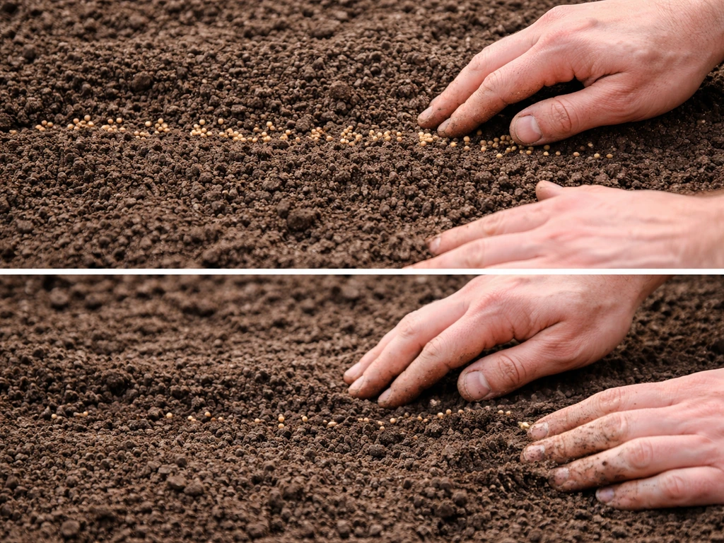 Hands spreading small seeds over a lightly raked seedbed, followed by a light covering of soil.