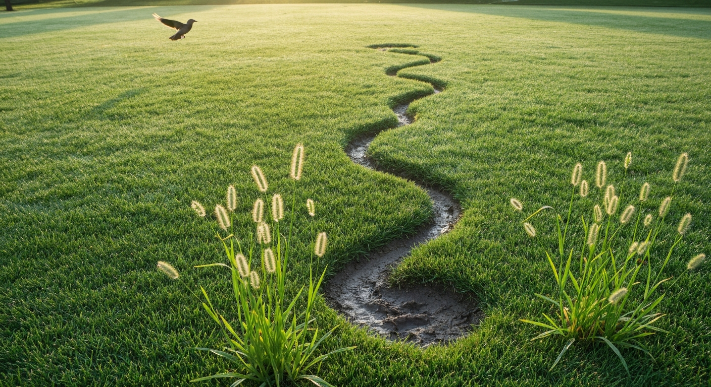 A suburban lawn with healthy turf interspersed with bare patches and weeds with seedheads; a bird flies overhead and a muddy boot sits at the lawn edge — illustrating how grass and weed seeds arrive and self-establish.