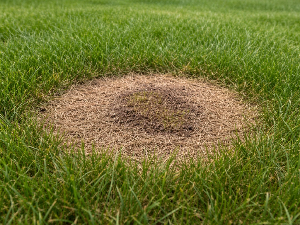 Close-up of a dead circular patch of lawn ringed by healthy green grass, with a subtle stain cue.