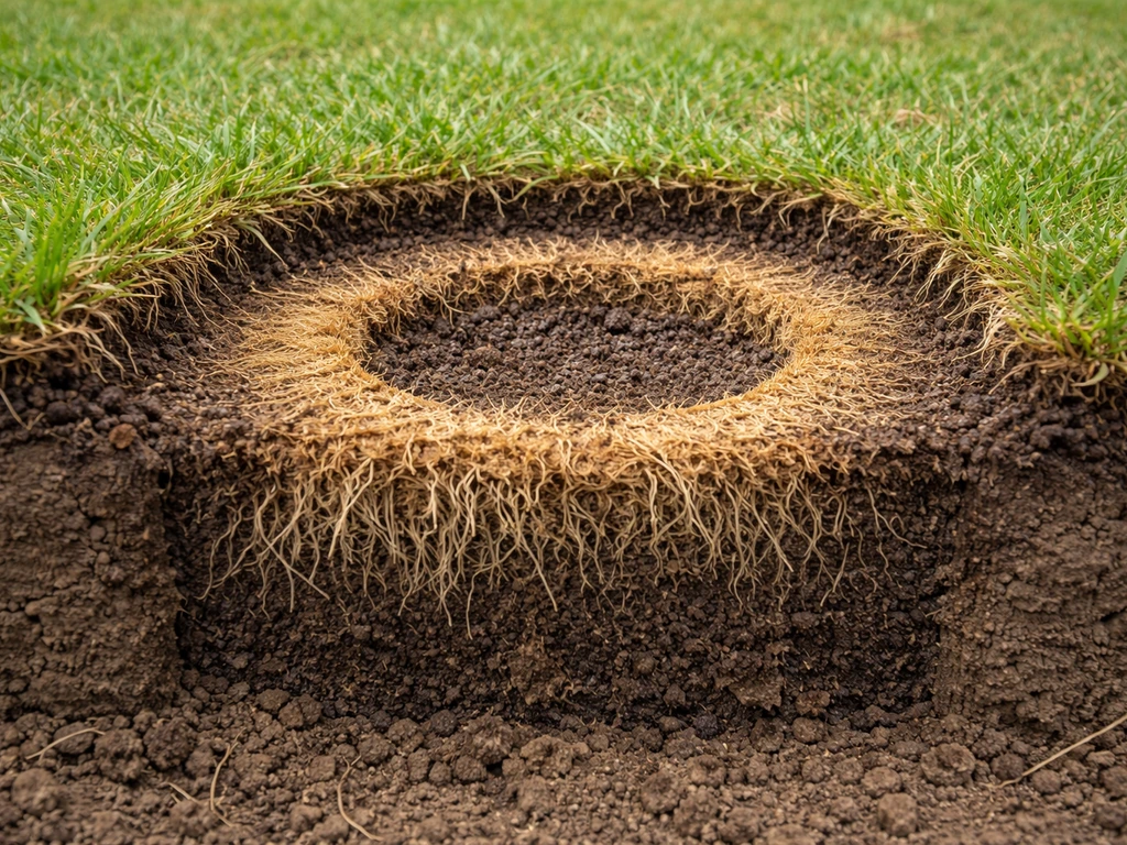 Cutaway soil cross-section showing a circular burned ring in the top grass and thinning roots.