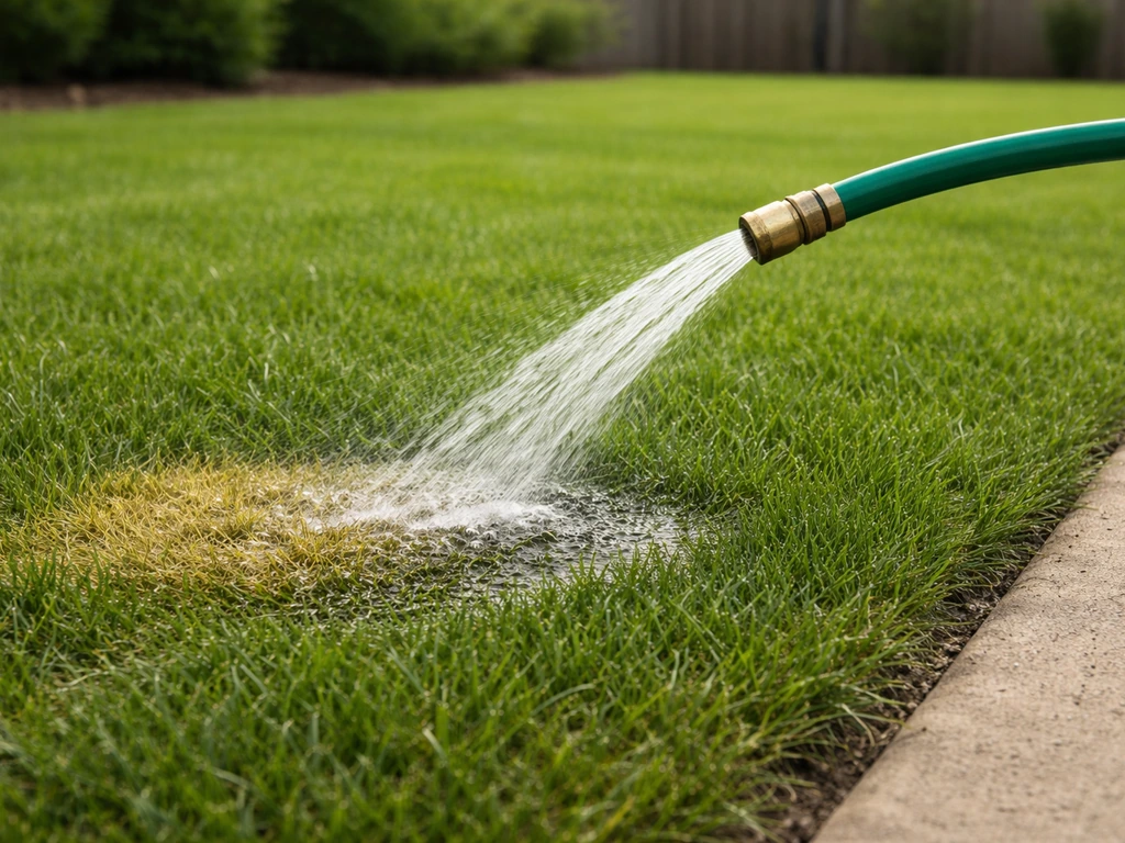 Hose rinsing a fresh wet patch of grass in a backyard, focused on the exact urine spot.