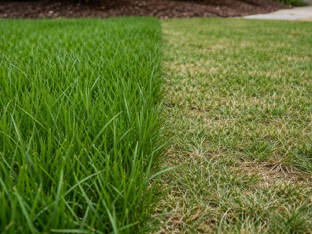 Close-up of taller healthy lawn grass beside short, stressed turf showing mowing-height resilience.