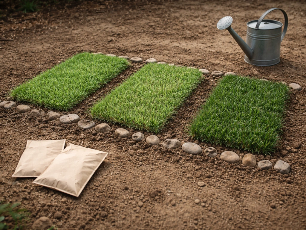 Small garden plot with several grass/groundcover samples laid out for dog-friendly reseeding comparison.