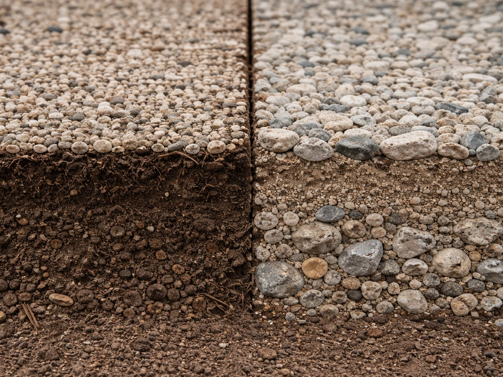 Side-by-side ground cross-sections: thin decorative gravel over soil vs deeper compacted gravel base.