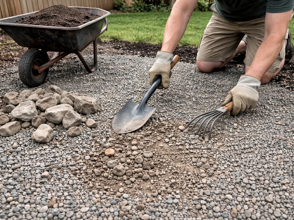 Hands removing large stones from gravel, leveled base with screened topsoil ready for grass installation.