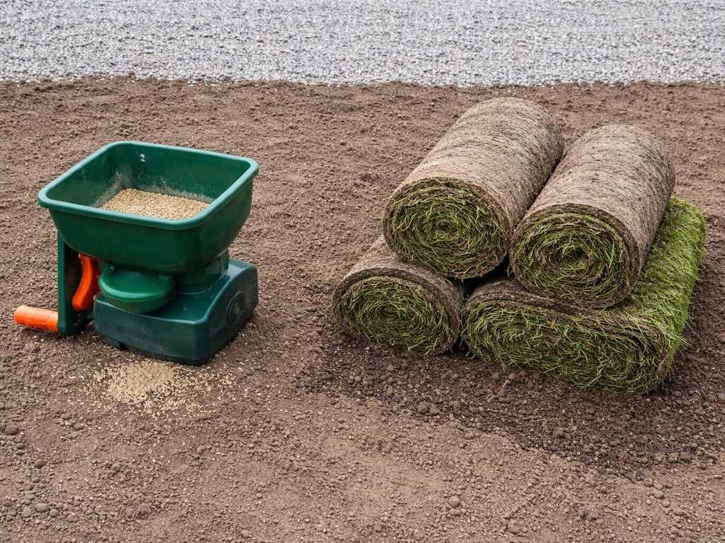 Hand seed spreader and rolled sod on a small gravel-to-soil base side-by-side.