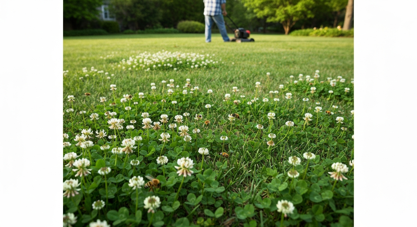 Suburban lawn with mixed grass and blooming white clover, showing bees visiting the flowers and a person mowing in the background.